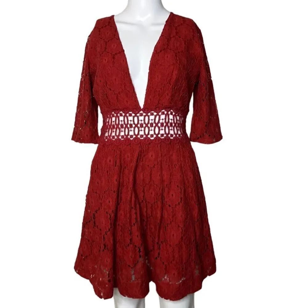 Free People 3/4 Sleeve Floral Cut Out Mini Dress Red Size Small